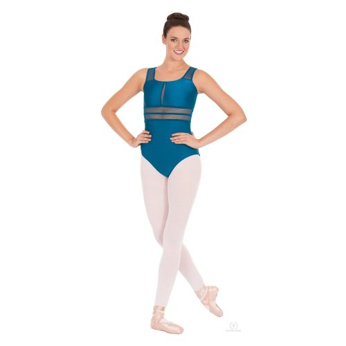 Eurotard Adult Striped Mesh Tank Leotard Adult XS Peacock - DanceSupplies.com